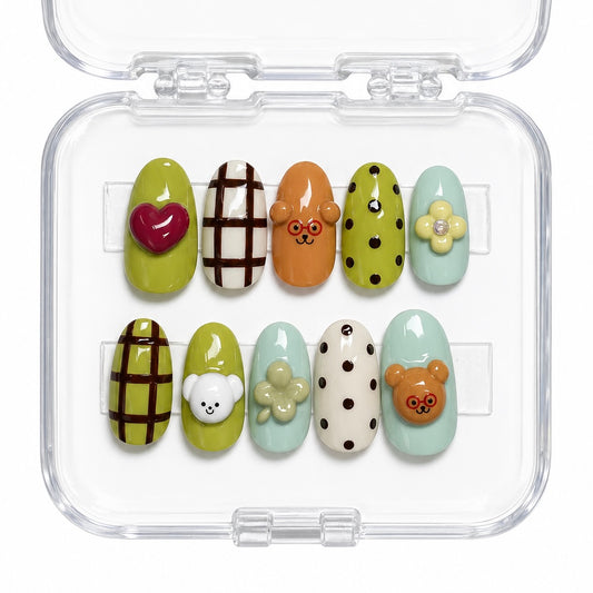 Pastel Bear Garden Press-On Nails | Japanese Nail Art