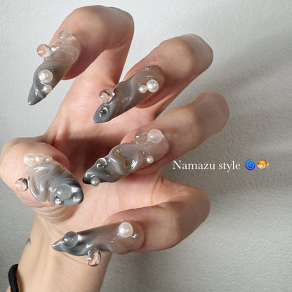 Namazu beard inspired 🐡 Press-On Nails | Japanese Nail Art